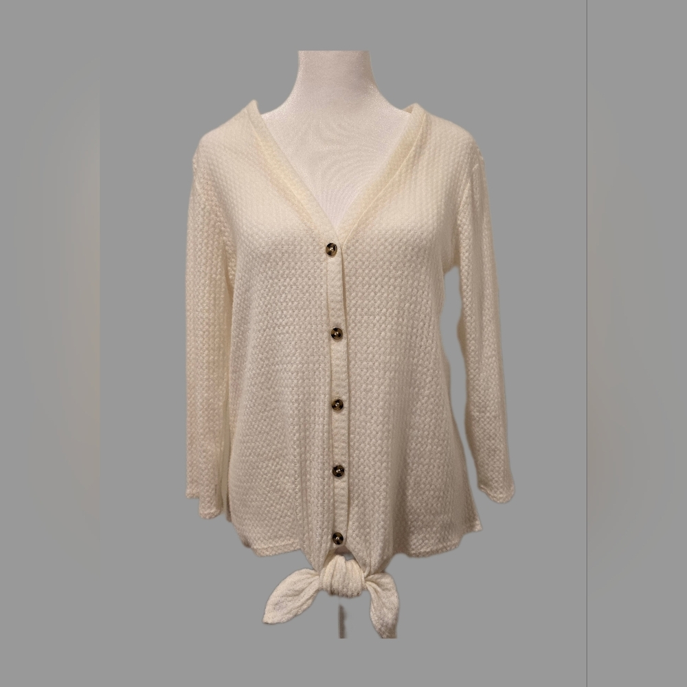 Green Envelope Los Angeles Cream Waffle Weave Tie-Front Top-Wome's Size Medium